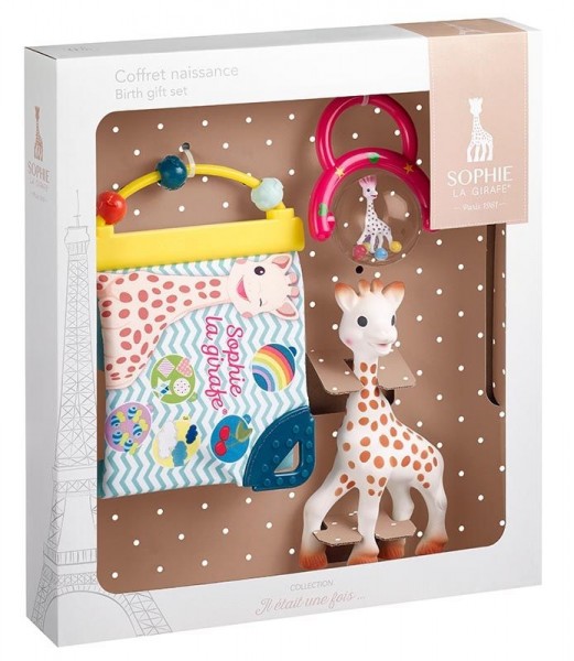 Geschenkset zur Geburt mit 1 Sophie la girafe +1 Entdeckerbuch + 1 Kugelrassel