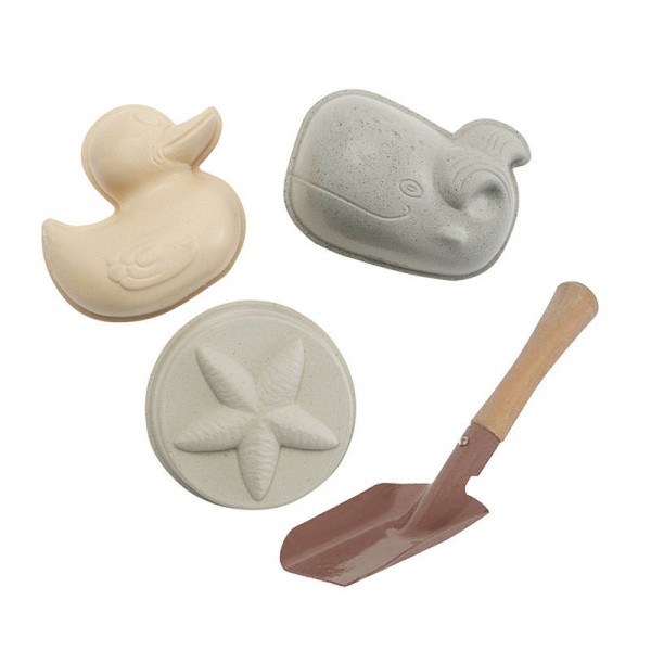 HEVEA Sandförmchen-Set mit Schippe im Tragenetz - Naturkautschuk / upcycled