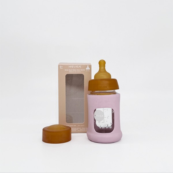 HEVEA Babyfläschchen aus Glas m. Kautschukmantel / weiter Hals (150 ml) / Powder Pink
