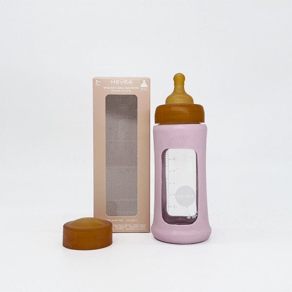 HEVEA Babyfläschchen aus Glas m. Kautschukmantel / weiter Hals (250 ml) / Powder Pink