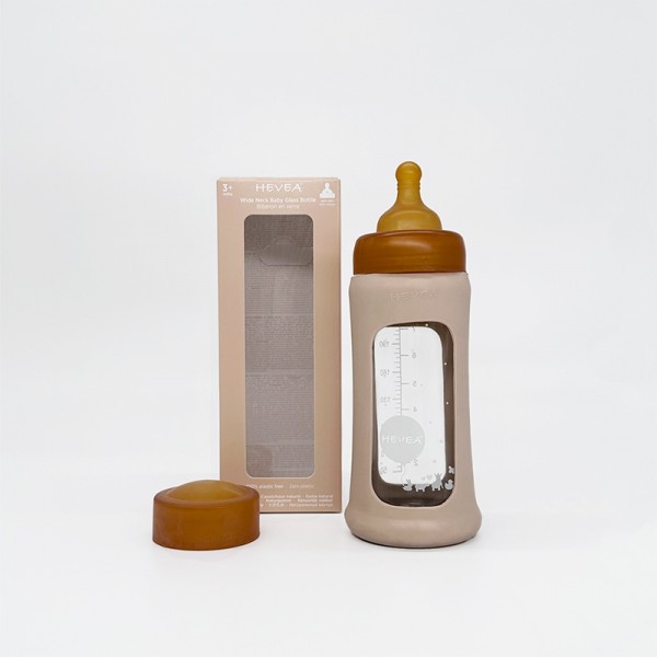 HEVEA Babyfläschchen aus Glas m. Kautschukmantel / weiter Hals (250 ml) / Sand