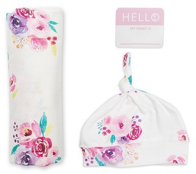 lulujo Set aus Mützchen, Muslin swaddle Mulltuch, Fotosticker - Posies