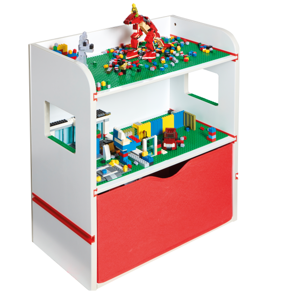 Room 2 Build: Spiel und Aktivitätsregal mit Bauplatten und Ablageschublade
