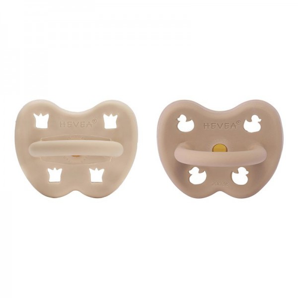 HEVEA 2er-Pack Schnuller - Naturkautschuk / Sandy Nude + Tan Beige / rund / Krone + Ente (ab 3 Mon.)