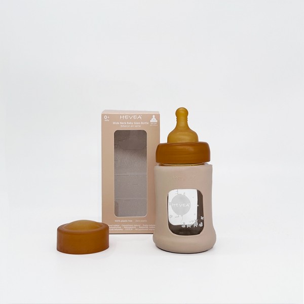 HEVEA Babyfläschchen aus Glas m. Kautschukmantel / weiter Hals (150 ml) / Sand