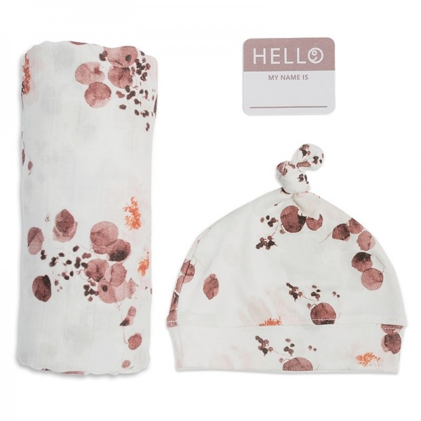 Set aus Mützchen, Muslin swaddle Mulltuch, Fotosticker - Eucalyptus