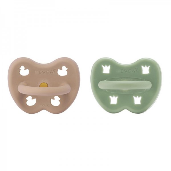 HEVEA 2er-Pack Schnuller - Naturkautschuk / Tan Beige + Moss Green / rund / Ente + Krone (ab 3 Mon.)