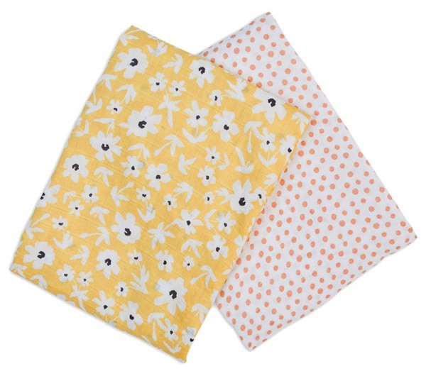 lulujo - Mulltuch / 2er Set / Baumwolle / Yellow Wildflowers + Dots