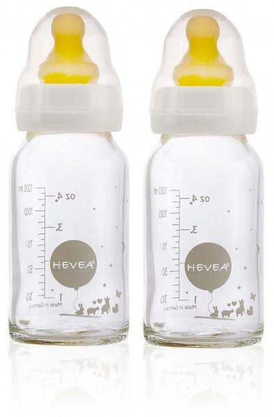 HEVEA Babyfläschchen aus Glas / Weiß (120 ml) + Trinksauger - Naturkautschuk / 2er Pack