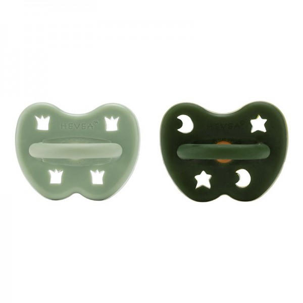 HEVEA 2er-Pack Schnuller - Naturkautschuk / Moss Green + Deep Forrest Green / rund / Stern & Mond +